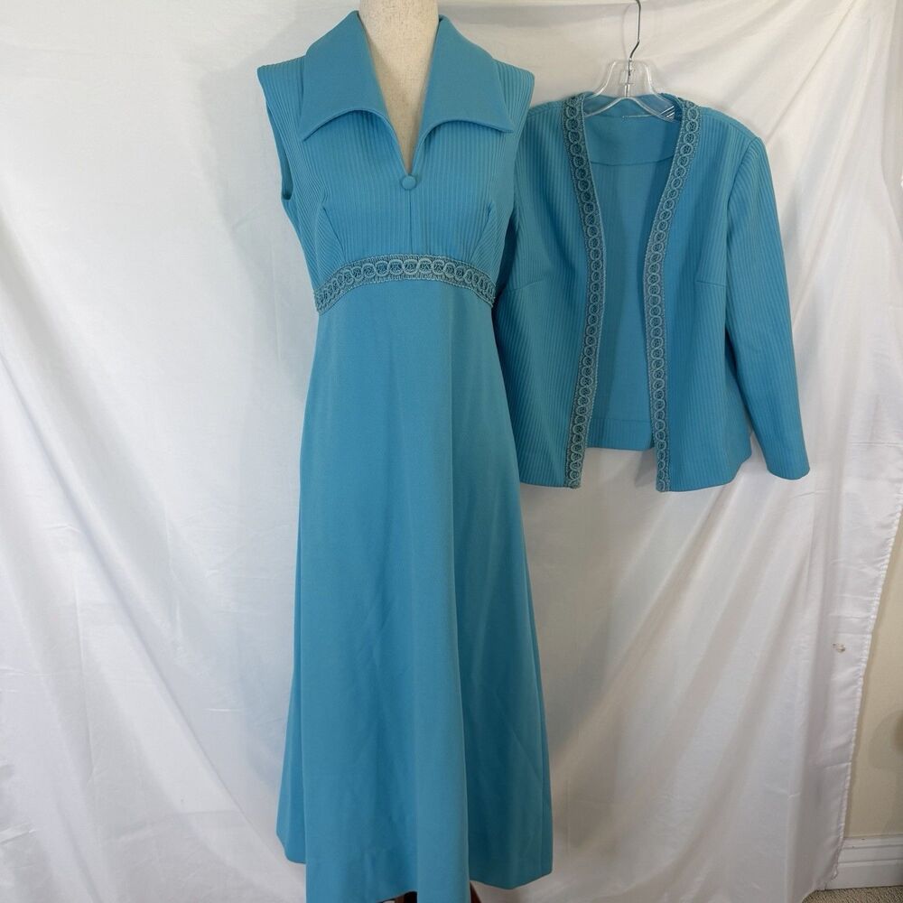 Vintage Blue Maxi Dress w/ Jacket Empire Waist Lace Trim Mod Boho S/M
